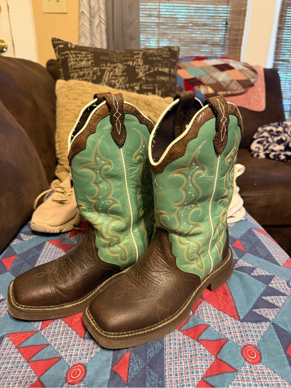 Justin Boots Brown Foot with Teal Shaft Girls Western Ankle Boots